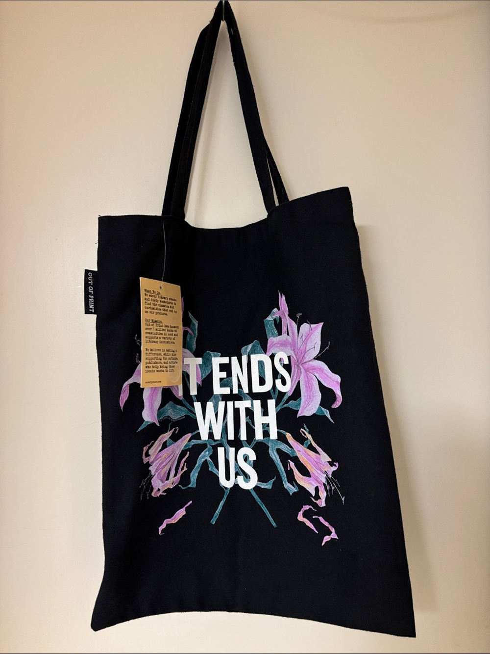 Out of Print Black Tote with Pink & Teal Floral 'IT ENDS WITH US'
